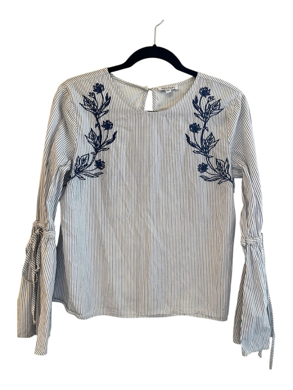 Dizzy Lizzy White/Blue Striped Navy Embroidered Tie-Sleeve Top Sz S Cottagecore